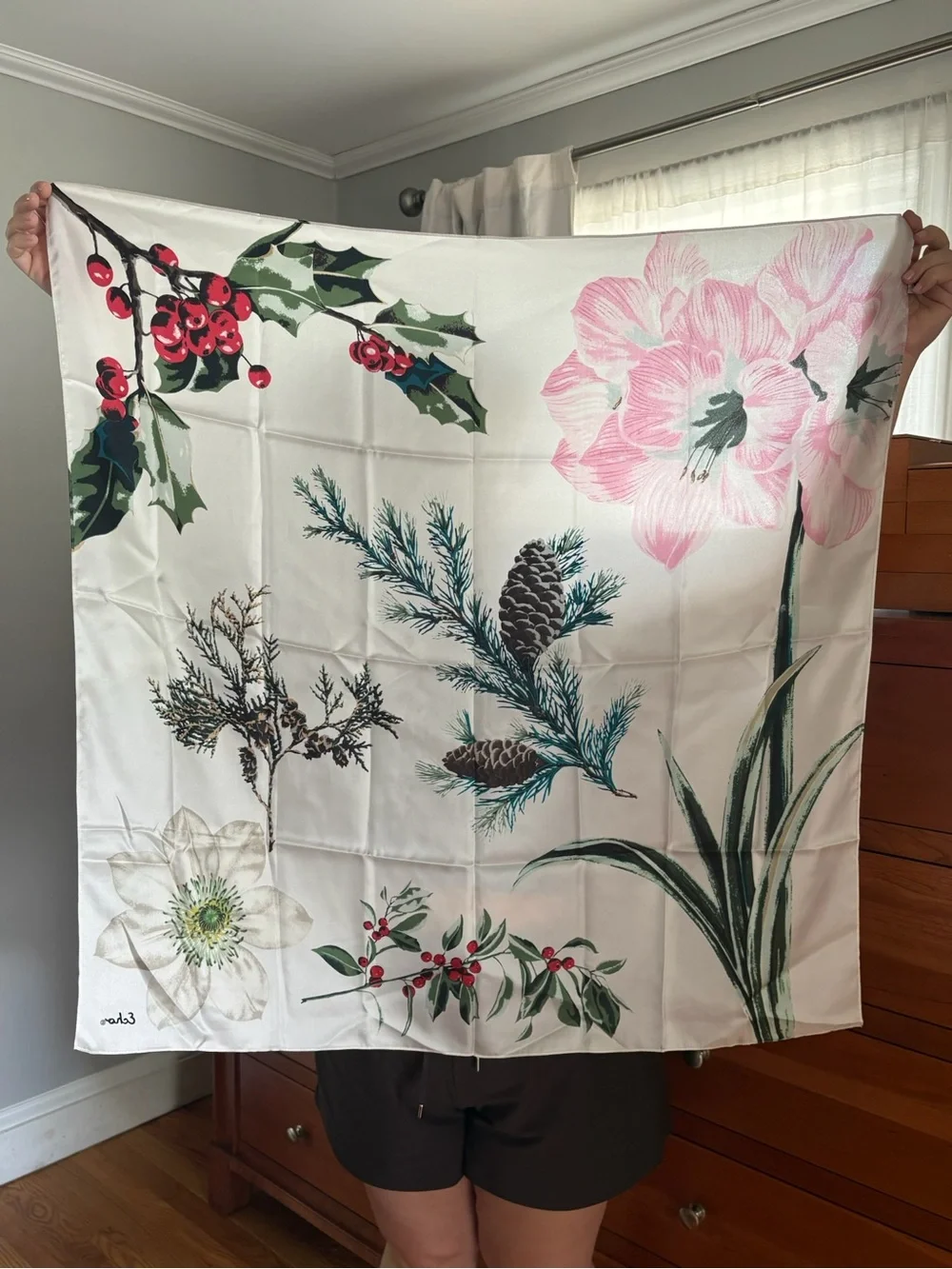 Echo Floral & Botanical Silk Scarf in Pink, Green & Cream